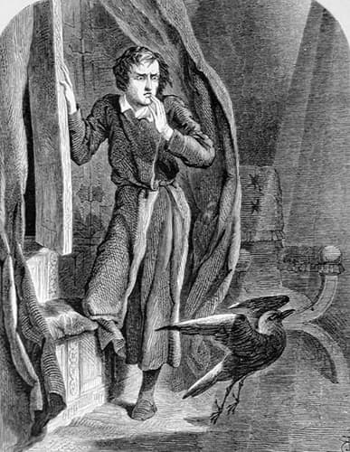 "The Raven" depicts a mysterious raven's midnight visit to a mourning narrator, as illustrated by John Tenniel (1858).