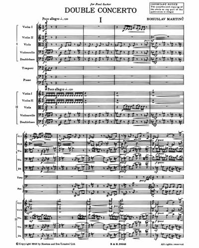 Music score of Bohuslav Martinů: Double Concerto for 2 String Orchestras, Piano and Timpani