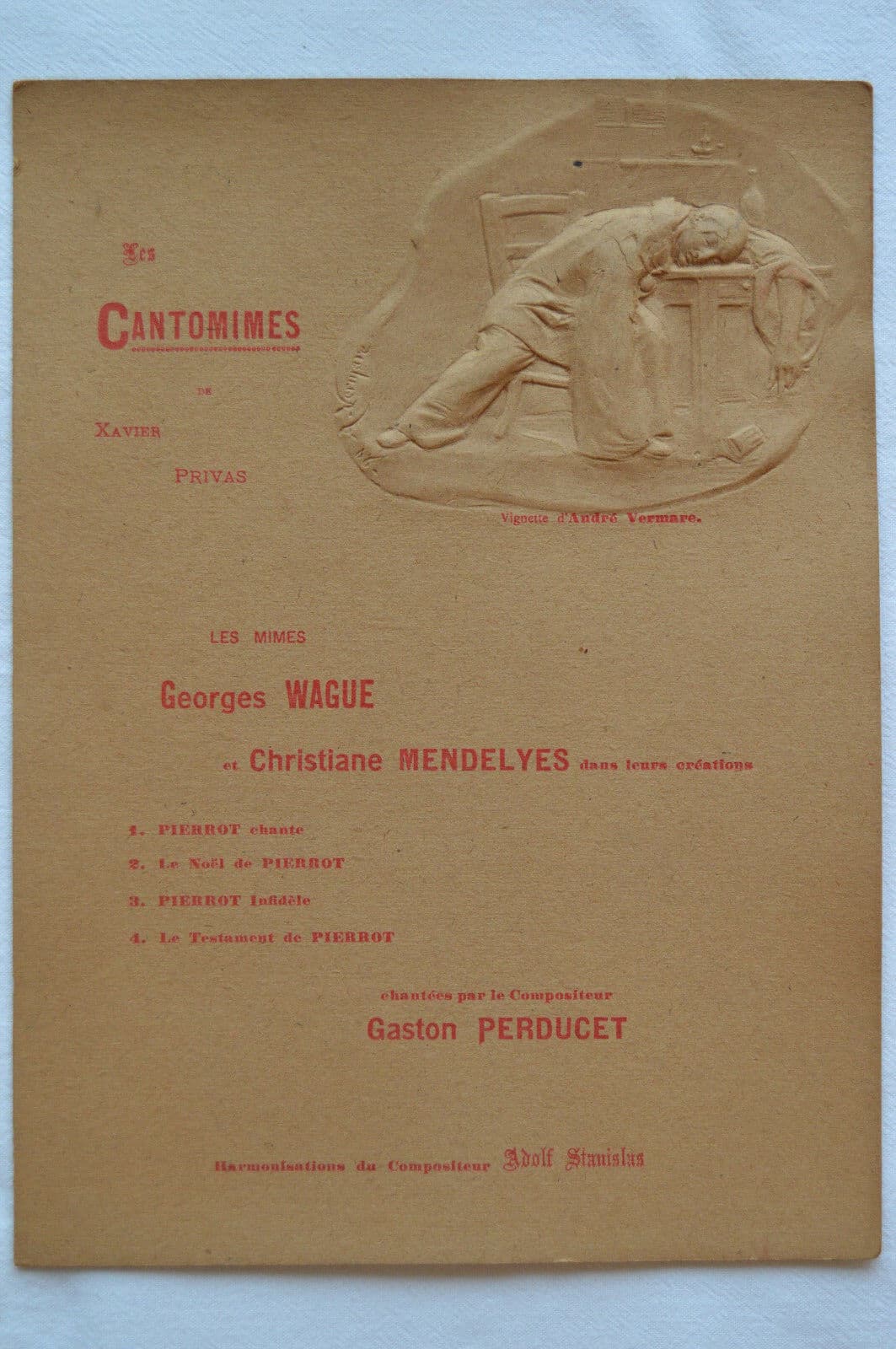 Cantomimes program, with Pierrot shown in a relief vignette by André Vermare
