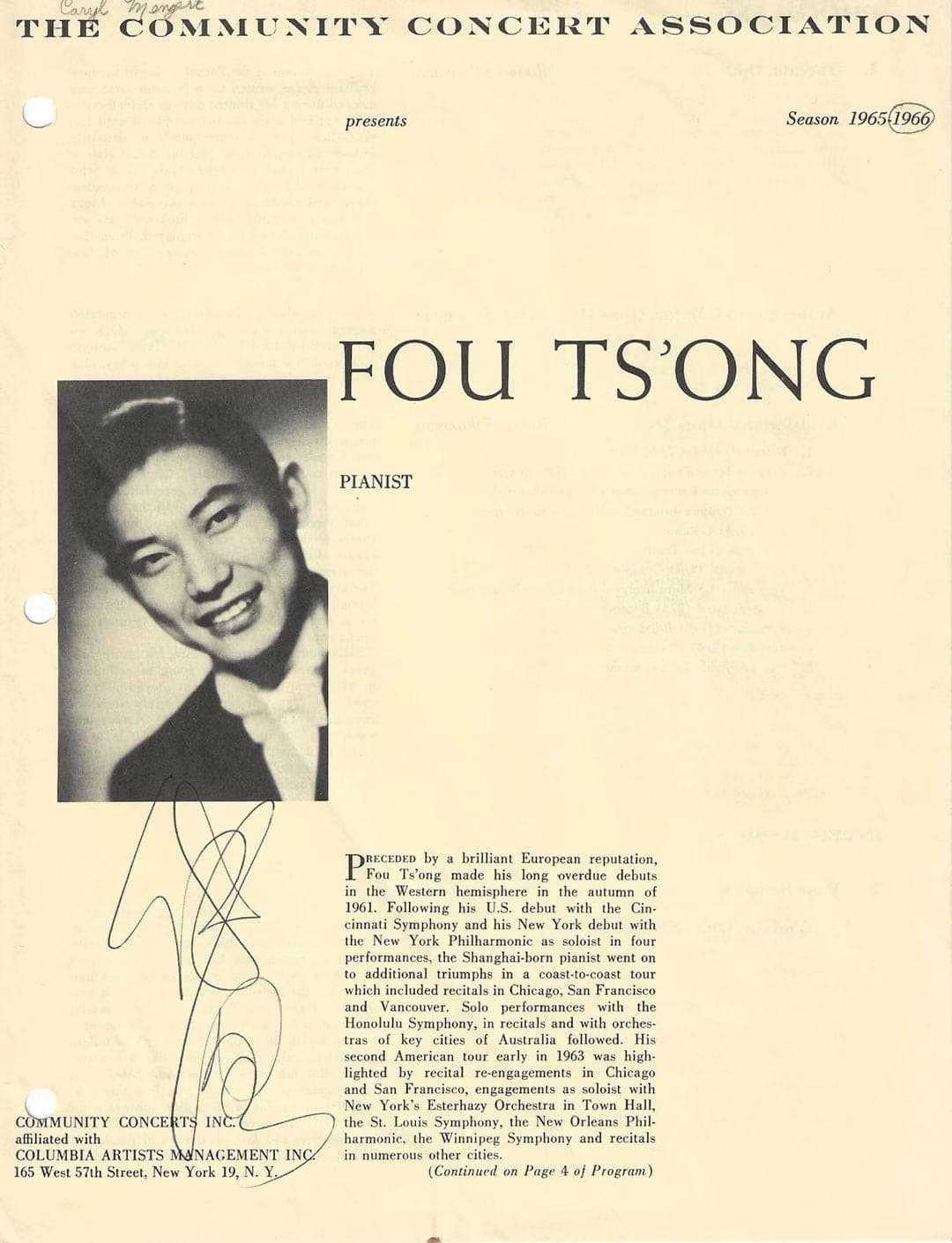 A signed programme note of Fou Ts'ong's New York performance