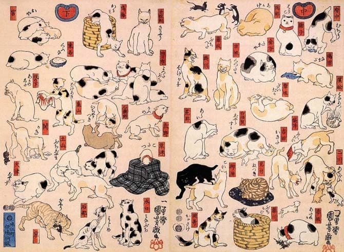 Hiroshige: Cats (colourized)