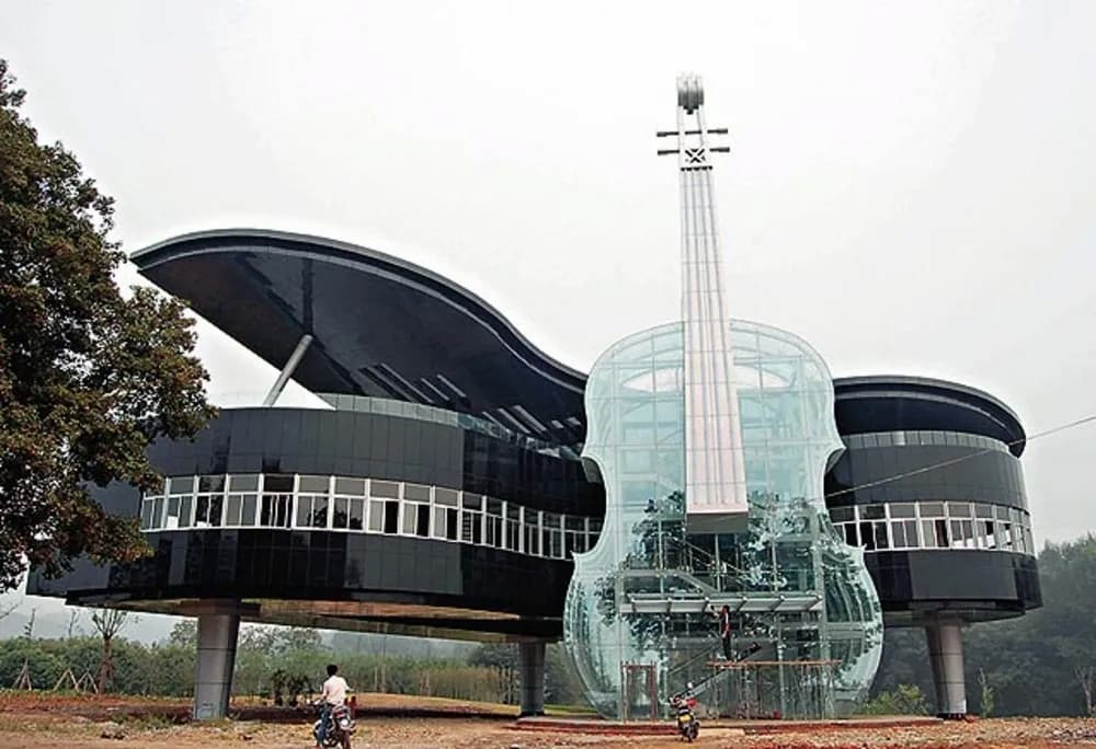 Piano and violin building from ground level