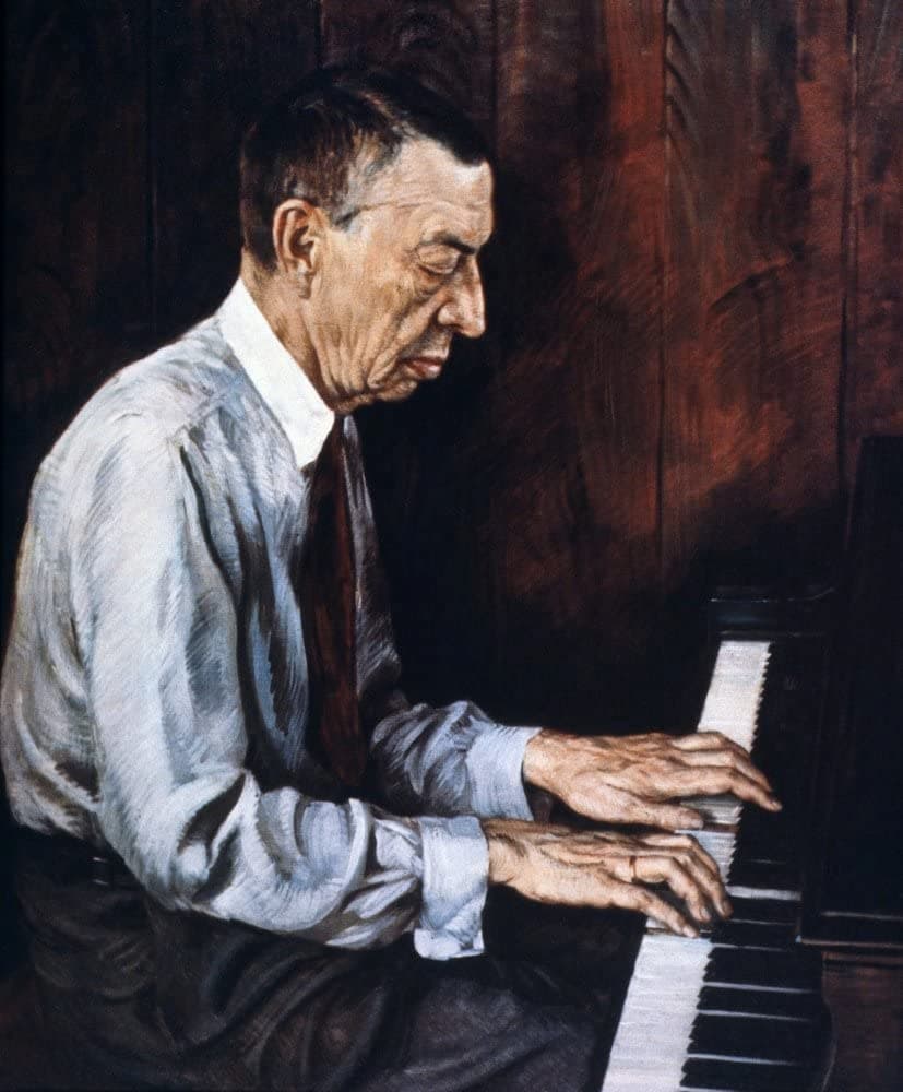 A painting of Rachmaninoff playing the piano by Boris Chaliapin