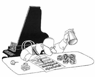 Drawing of composer playing musical dice