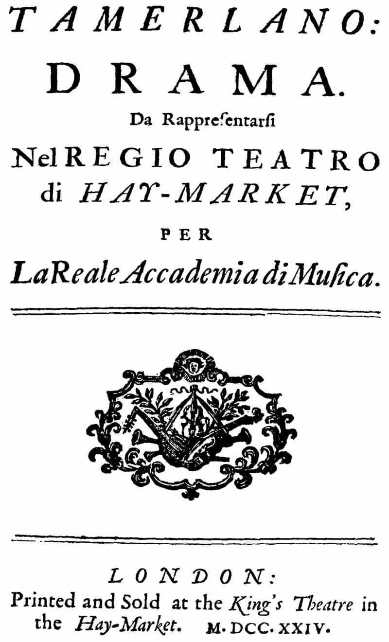 Handel's Tamerlano, title page of the libretto, London, 1724