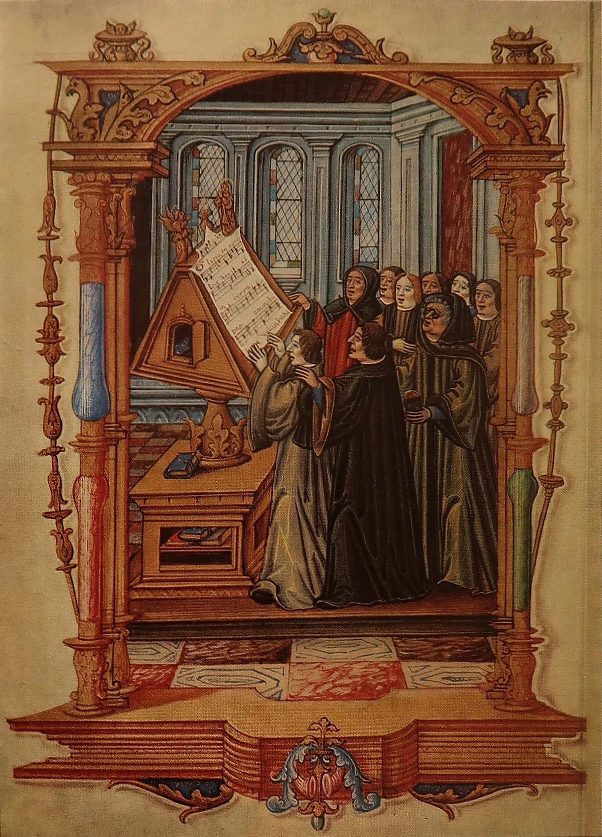 Ockeghem and singers of the royal chapel, 1523 (Ms. fr.1537 fol. 58v der Bibliothèque Nationale, Paris)