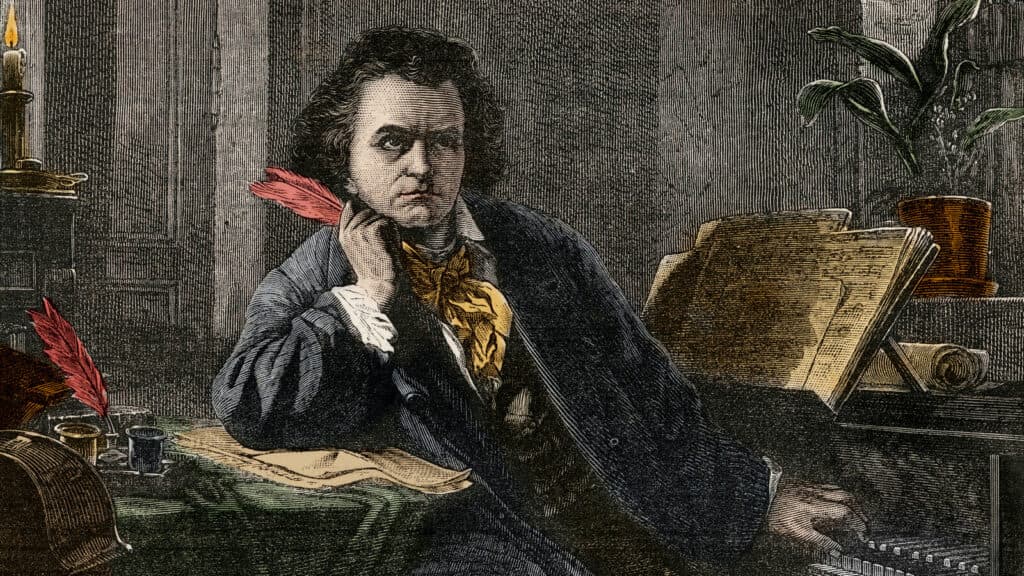 A painting of Ludwig van Beethoven at work