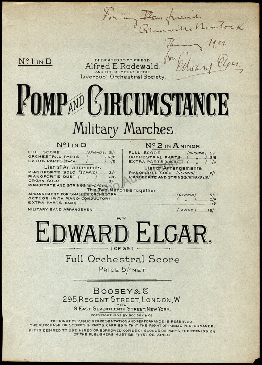 Edward Elgar's signed Pomp and Circumstance score cover