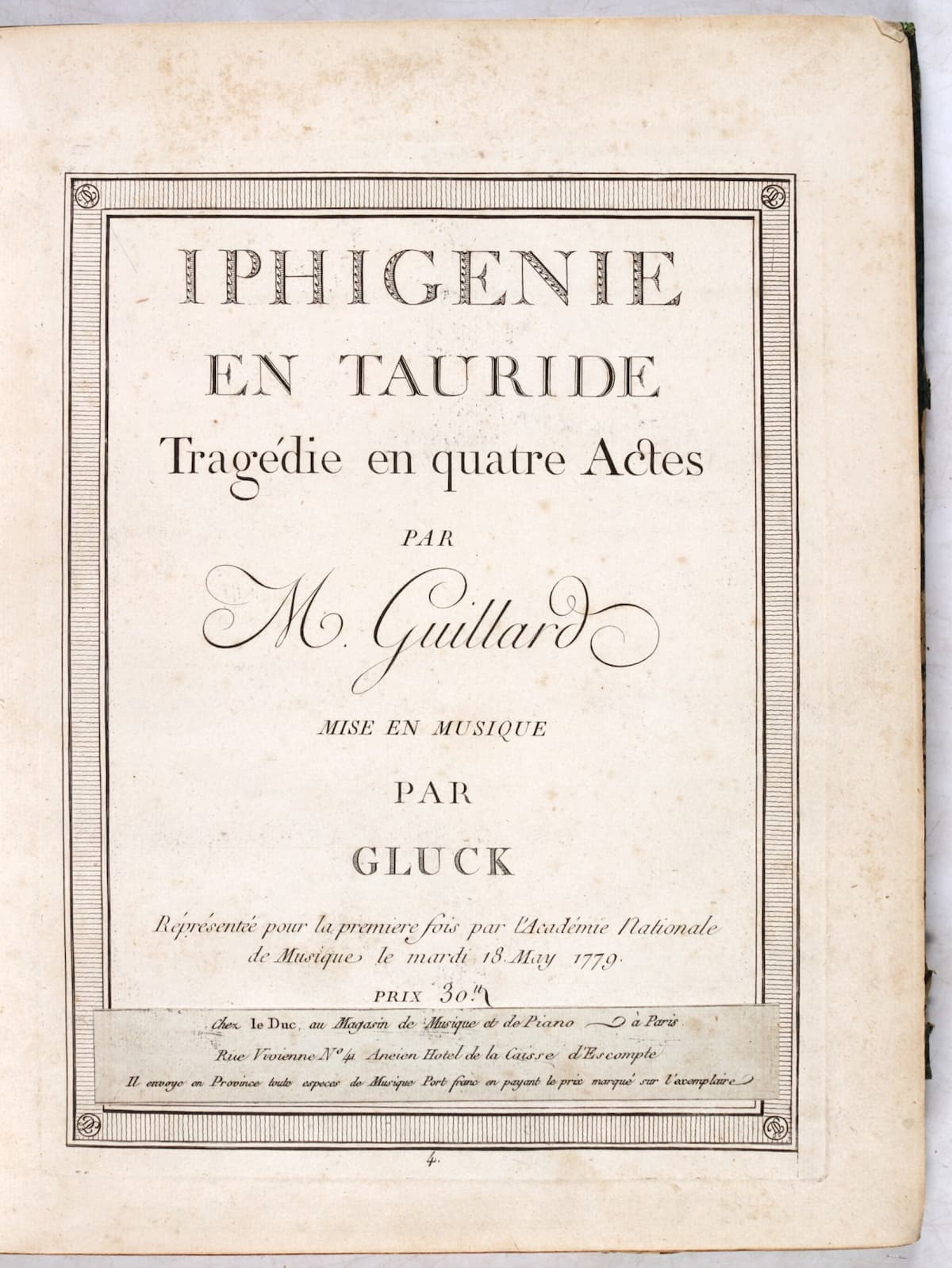 Title page of the first printed edition of the score of Gluck’s Iphigénie en Tauride