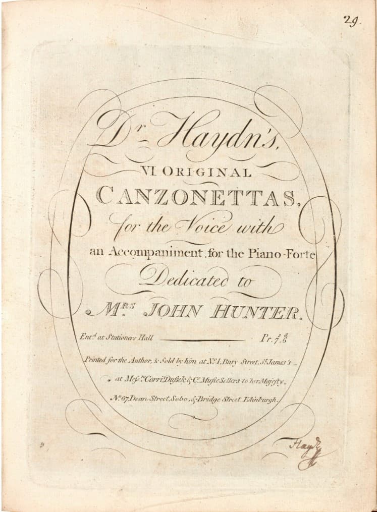 Haydn: Dr. Haydn's VI Original Canzonettas for the Voice with an Accompaniment for the Piano-Forte, London: "for the Author & Sold by him at No.1 Bury Street, S.t James's..." [1794] (Sotheby’s)