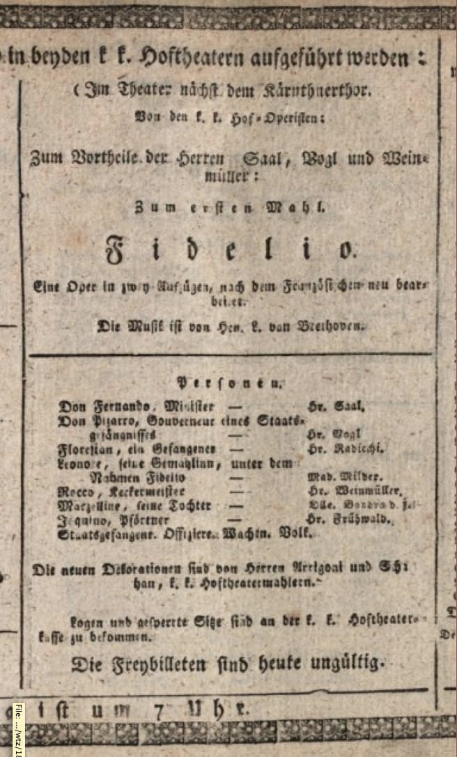 Playbill of Beethoven's Fidelio, 1814