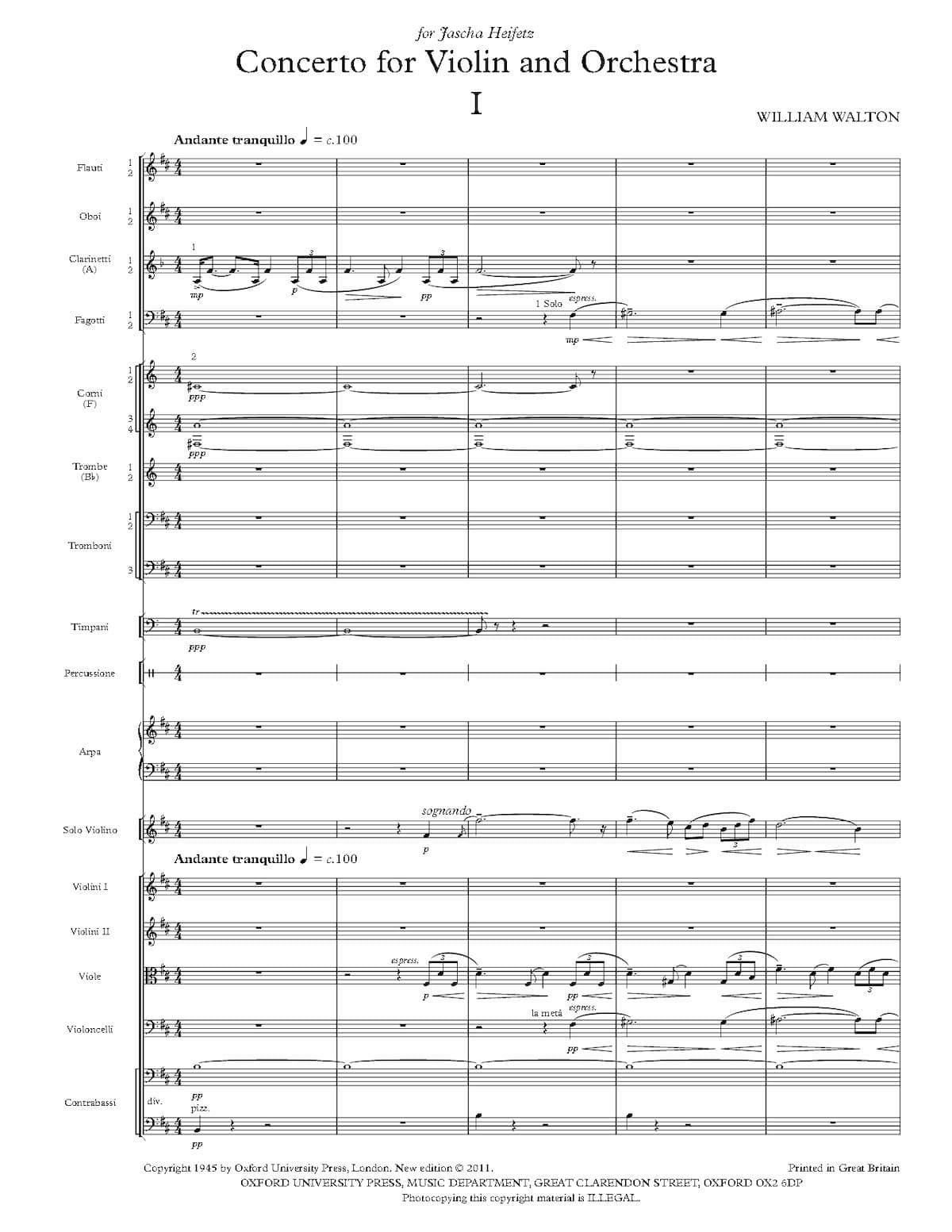 William Walton's Violin Concerto music score