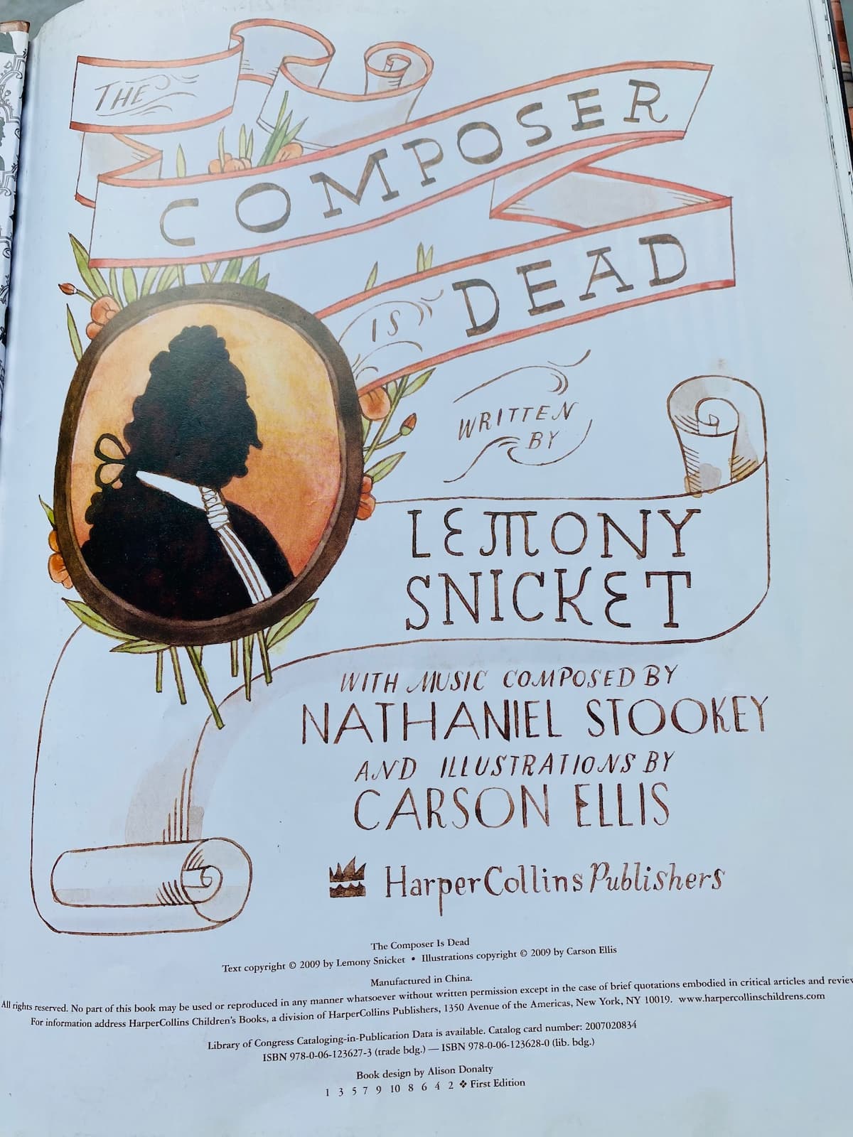 "The Composer is Dead" title page, written by Lemony Snicket, published by HarperCollins and illustrated by Carson Ellis