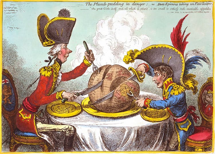 Gillray: The Plumb-pudding in danger; - or - State Epicures taking un Petit Souper, 1805