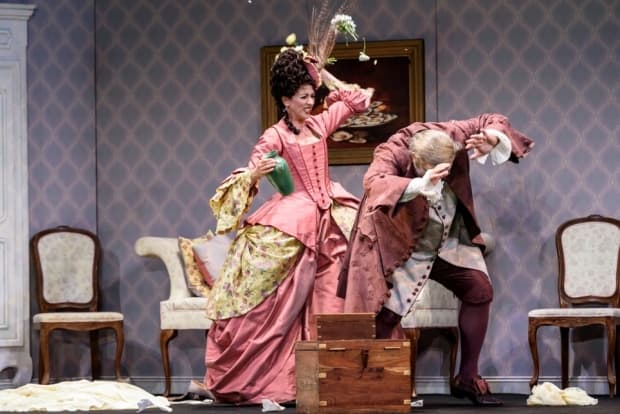 Lisette Oropesa (Norina) and Renato Girolami (Don Pasquale) happily married, 2017, Glyndebourne (photo by Bill Cooper)