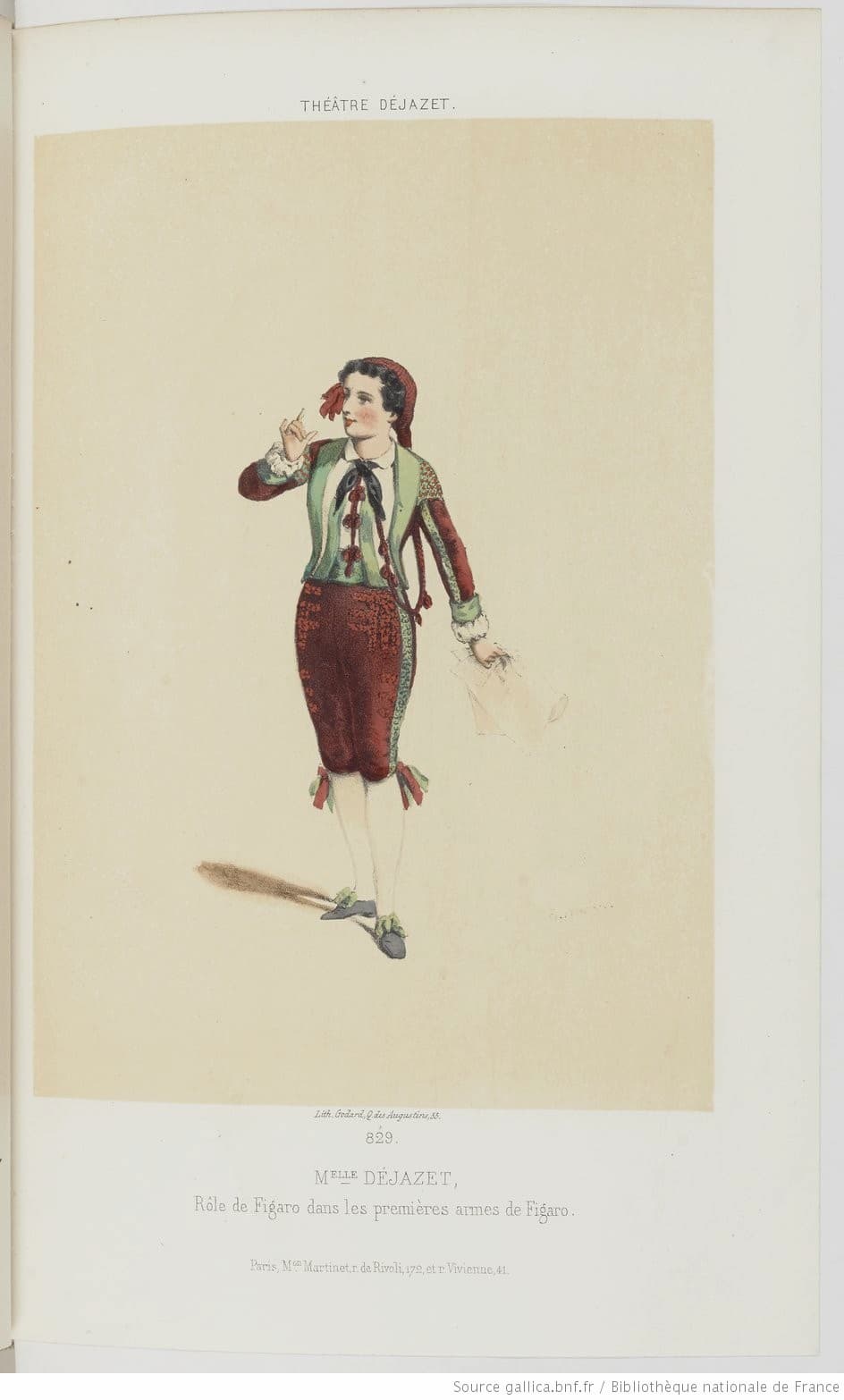 Edmond Morin: M.elle Déjazet, rôle de Figaro, dans Les premières armes de Figaro, 1859 (Théâtre Déjazet)