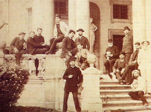 Debussy (fourth from the left) on the steps of the Villa Medici in Rome