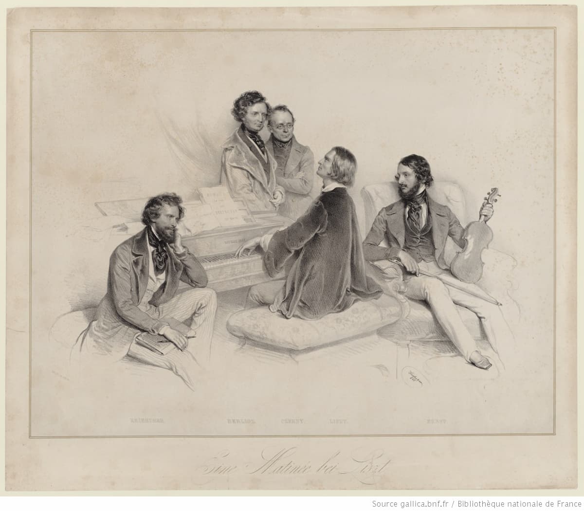 Kriehuber: Ein Matinée bei Liszt (with L to R: Kreihuber, Berlioz, Carl Czerny, and Heinrich Ernst around List at the piano), 1846 (Gallica, ark:/12148/btv1b84265236)