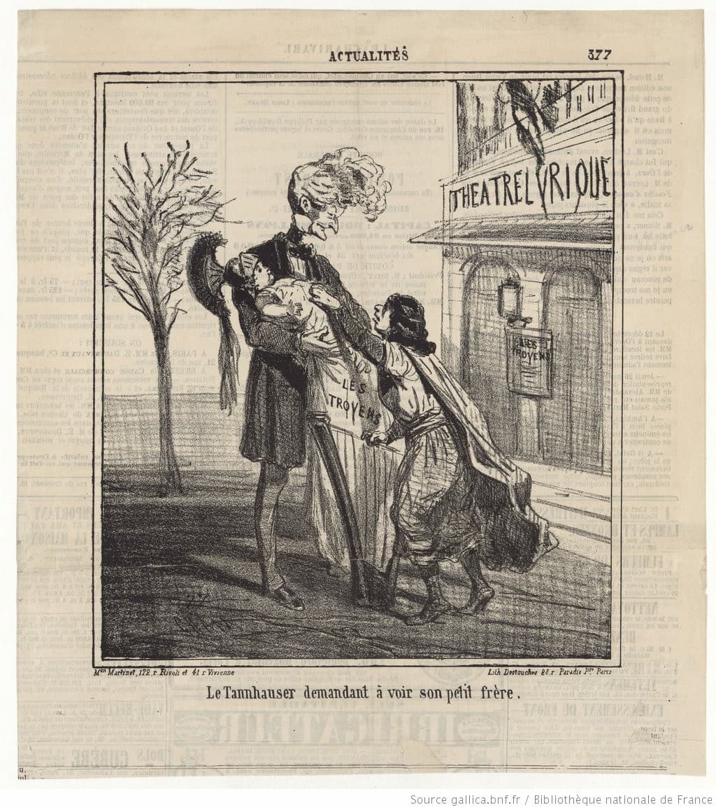 Cham: ‘Le Tannhauser demandant à voir son petit frère’, Le Charivari, Nov. 1863 (Gallica, ark:/12148/btv1b84542271)
