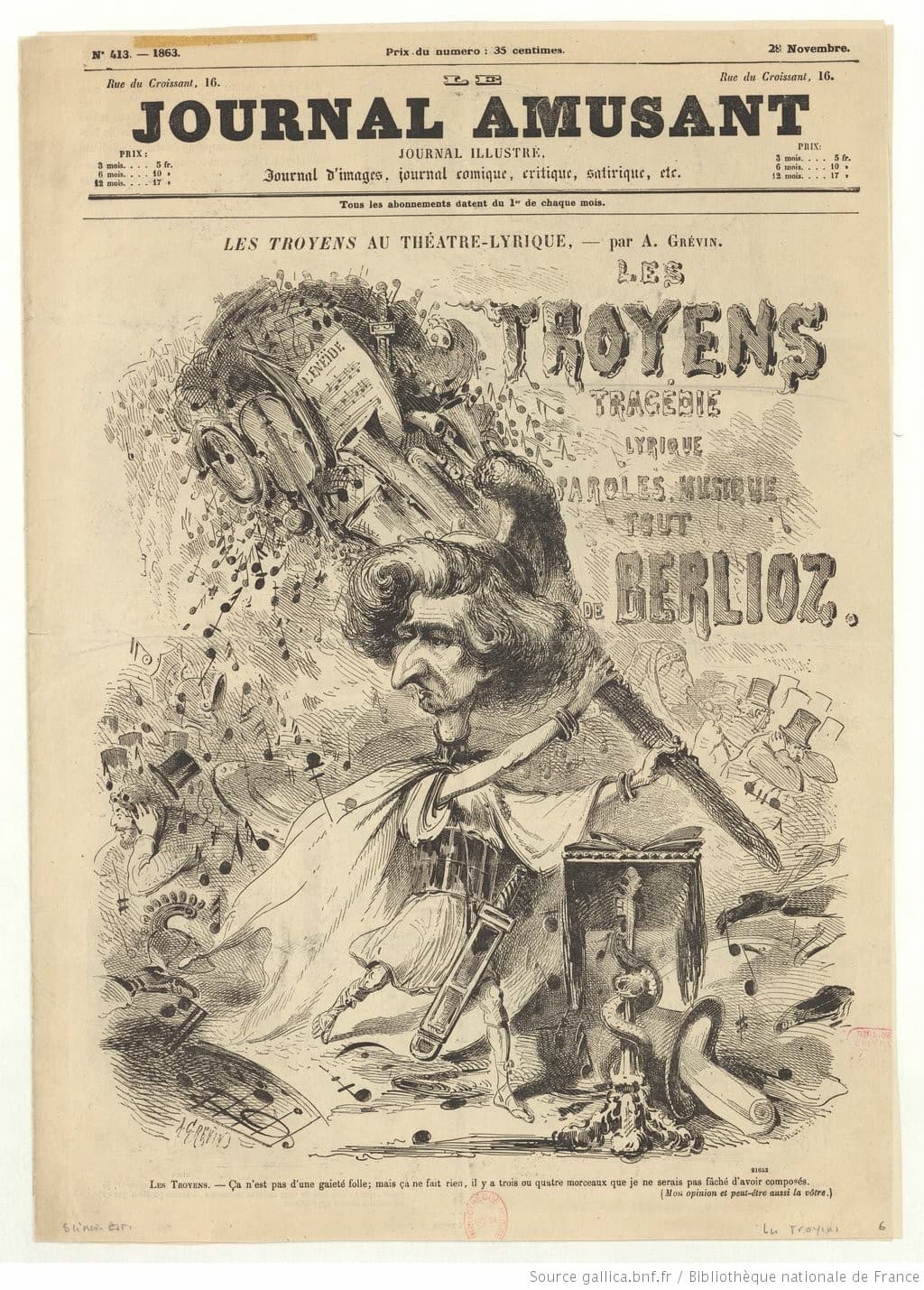 Grévin: ‘Les Troyens au Théâtre Lyrique’, Journal amusant, 28 Nov 1863, cover (Gallica, ark:/12148/btv1b53118264k)