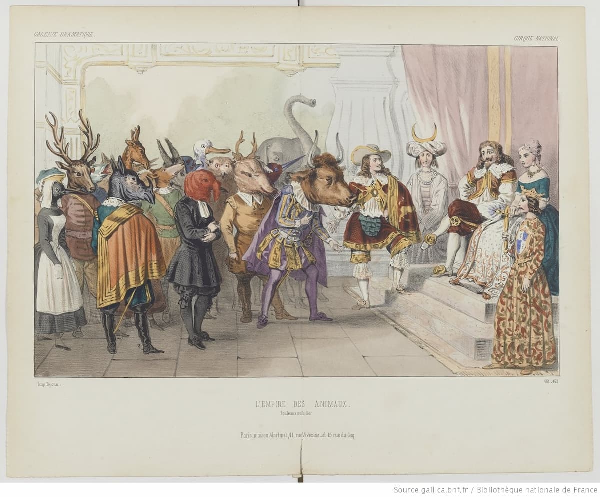 L’Empire des Animax in La Poule aux oeufs d’or, Galerie dramatique, p. 461–462, 1848 (Gallica, ark:/12148/btv1b10541455f)