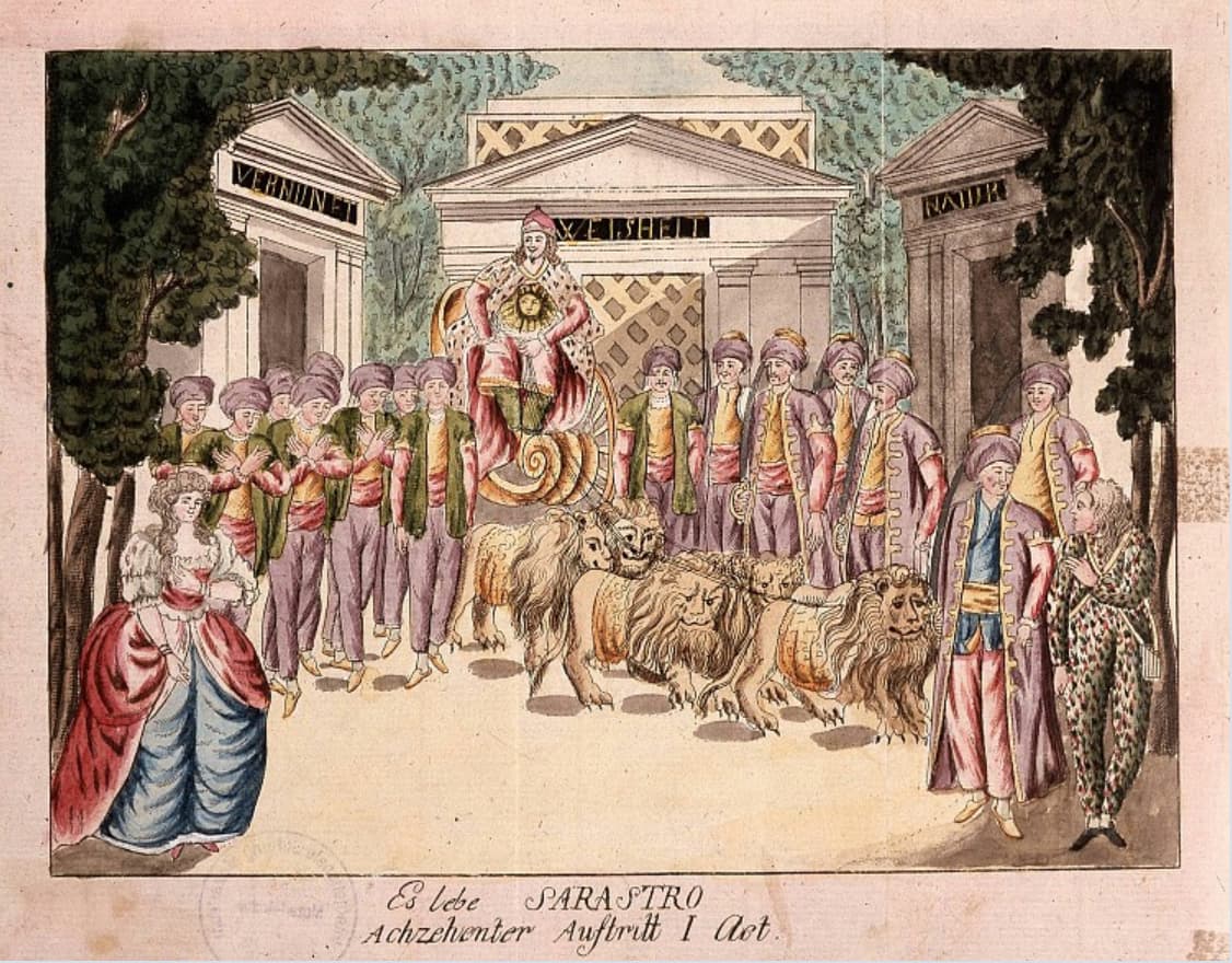 Arrival of Sarastro on a chariot pulled by lions, from a 1793 production in Brno.