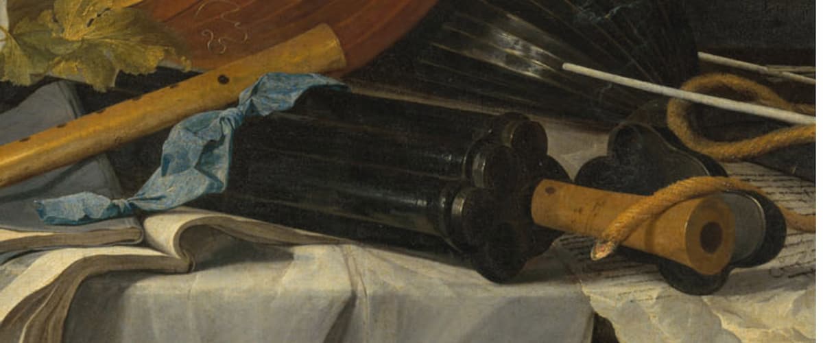 de Heem: A Banquet Still Life – detail of flute case, ca.1640–1643 (private collection, temporary exhibition at Fitzwilliam Museum until 2025)