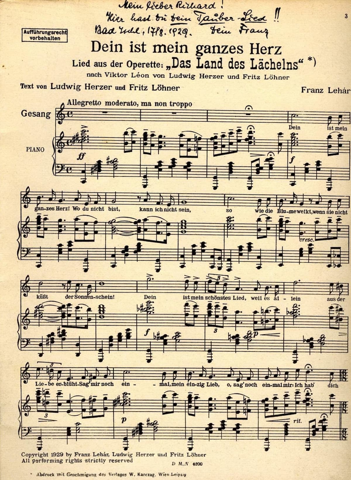 Music score of Dein ist mein ganzes Herz - Franz Lehár's The Land of Smiles