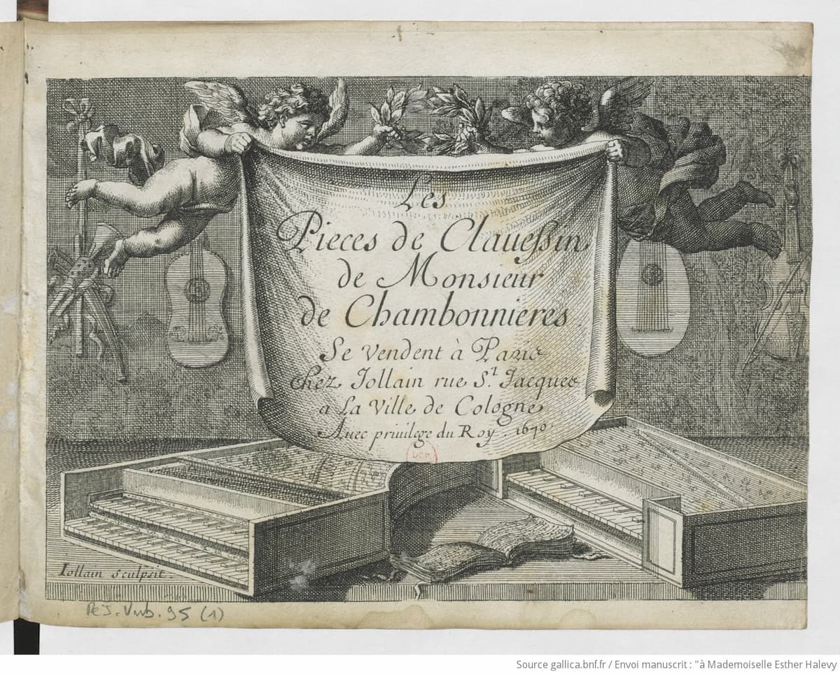Jacques Champion de Chambonnières: Les pieces de clavessin de Monsieur de Chambonnieres, Paris: Chez Jollian, 1670 (Gallica, ark:/12148/cb166514770)