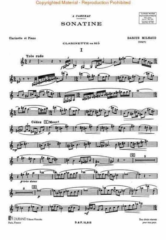 Darius Milhaud's Clarinet Sonatina music score