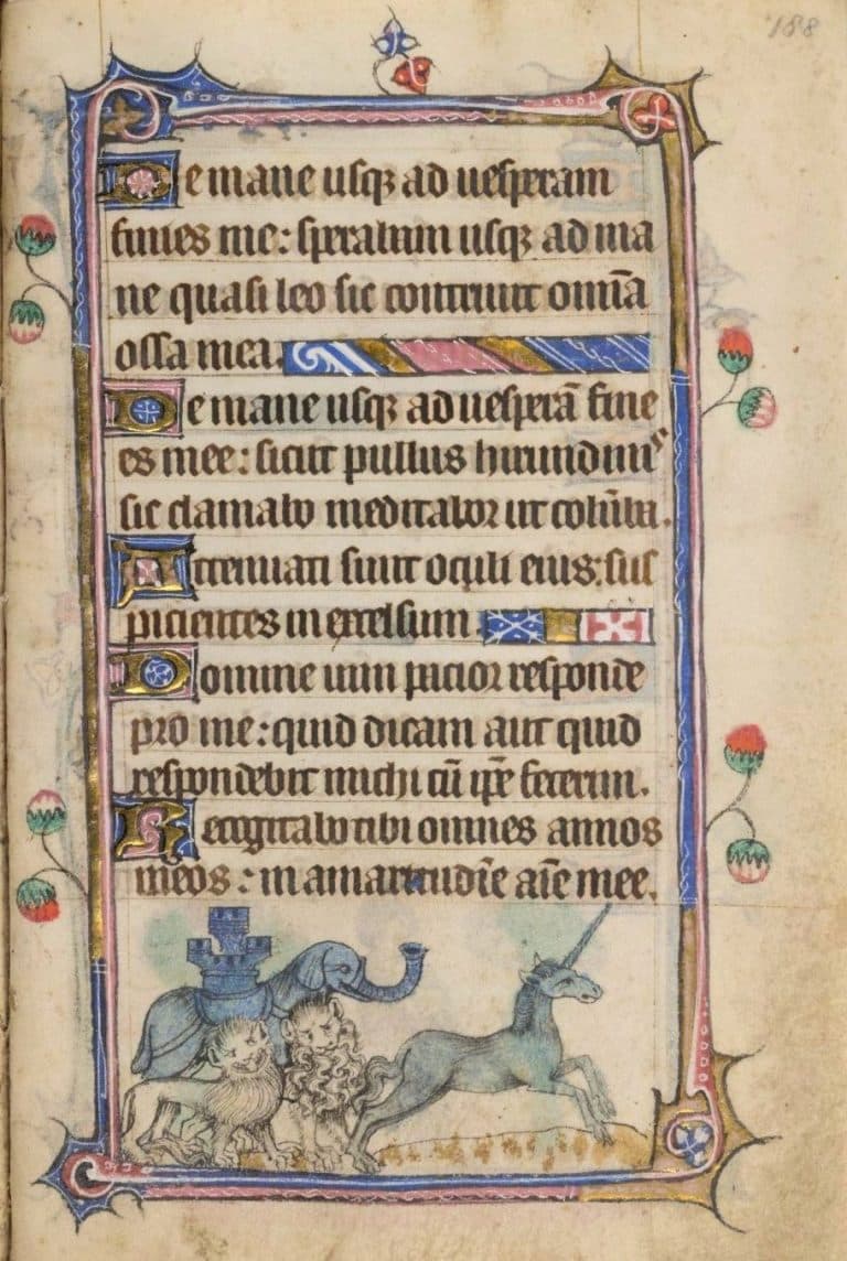 Illustration of a unicorn and an elephant, (British Library Taymouth Hours, Yates Thompson 13, f.188)