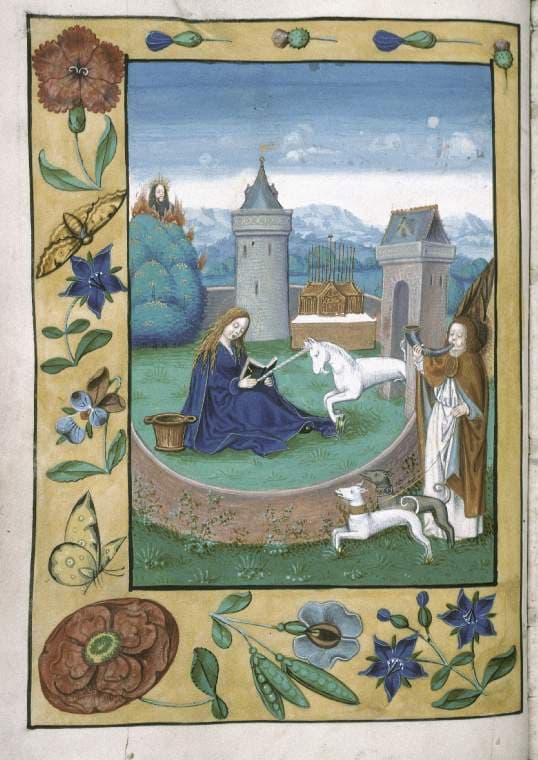 The Virgin Mary reads next to a unicorn (Fitzwilliam Museum, Grote Greet Book of Hours, MS McClean 99 11v )