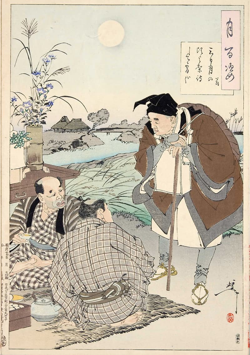 Yoshitoshi: 100 Aspects of the Moon: The poet Matsuo Bashō meets two farmers celebrating the mid-autumn moon festival, 1891 (Tokyo Metropolitan Art Museum)