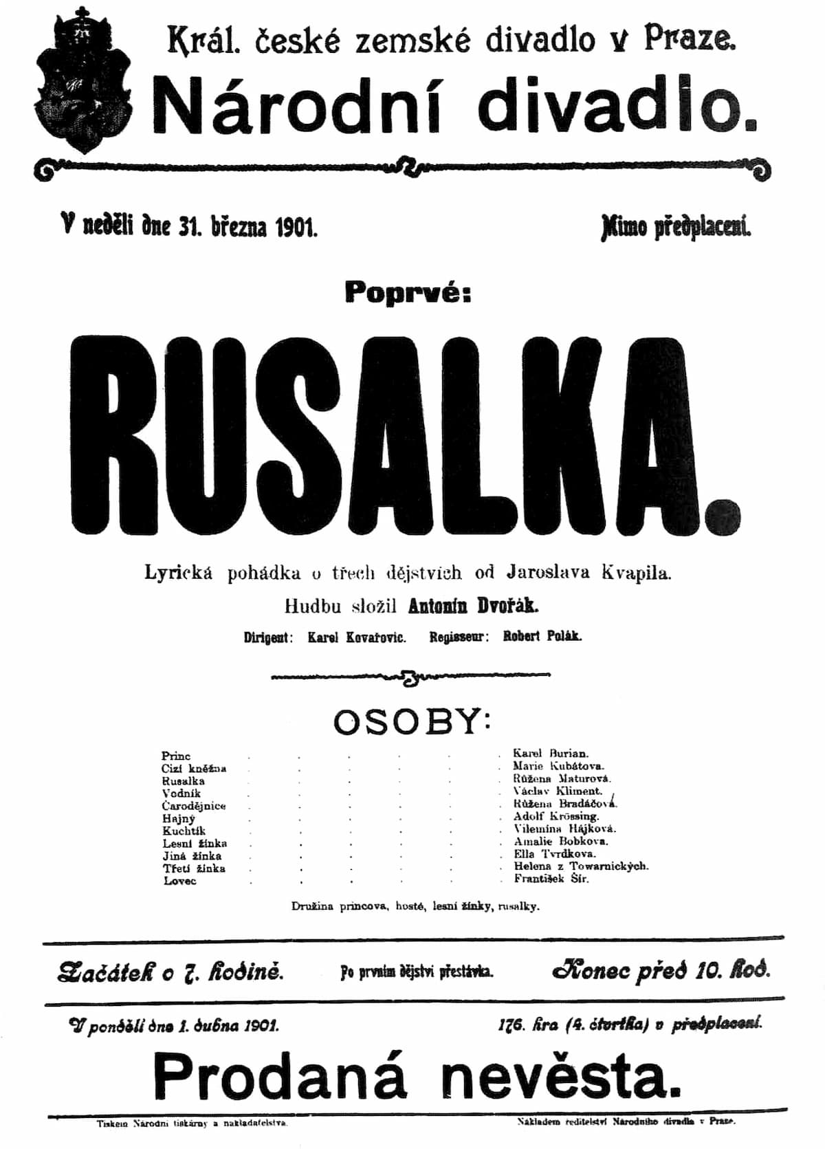 Poster for the premiere of Rusalka in Prague, 31 March, 1901