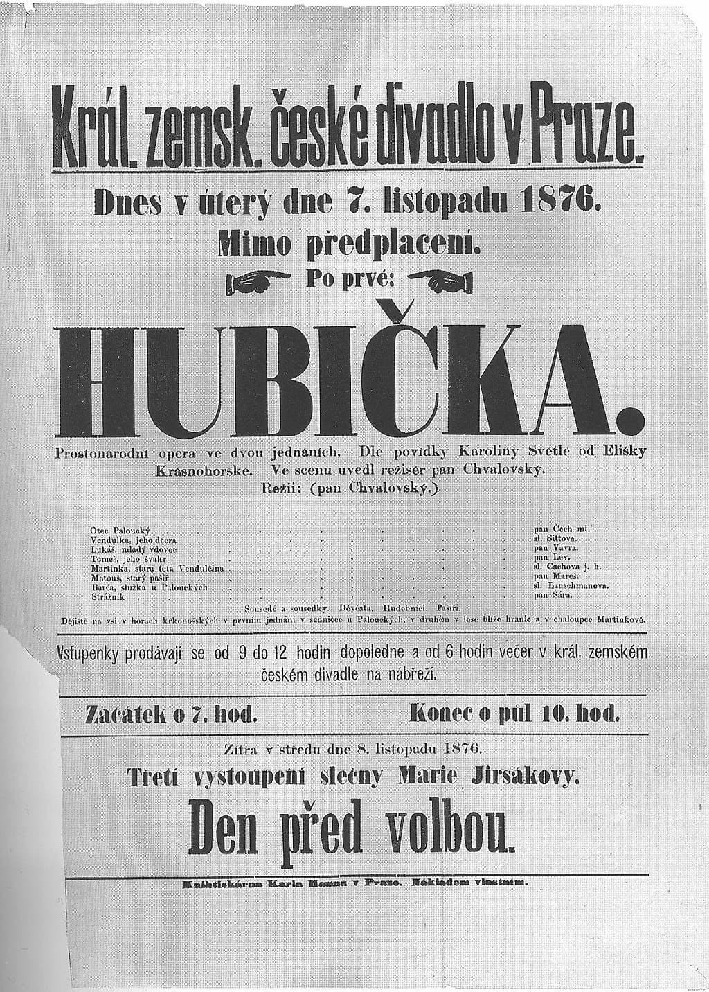 Premiere poster of Bedřich Smetana’s The Kiss (Hubička)
