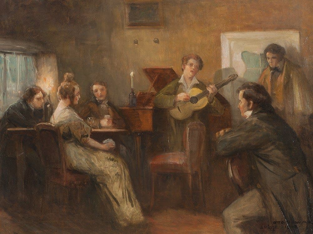 Otto Nowak: Schubert playing guitar with candlelight, accompanied by Beethoven and other musicians, 1901