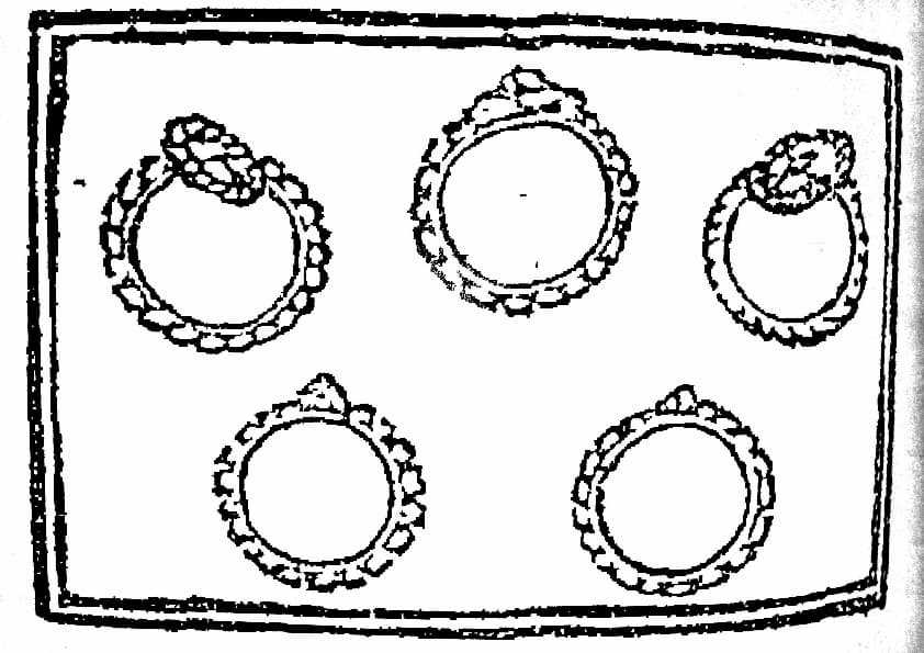 Illustration of "five gold rings", from the first known publication of "The Twelve Days of Christmas" (1780)