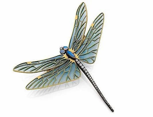 René Lalique: Dragonfly: An 18k yellow gold and silver brooch, embellished with diamonds, opals and enamel, early 20th century.