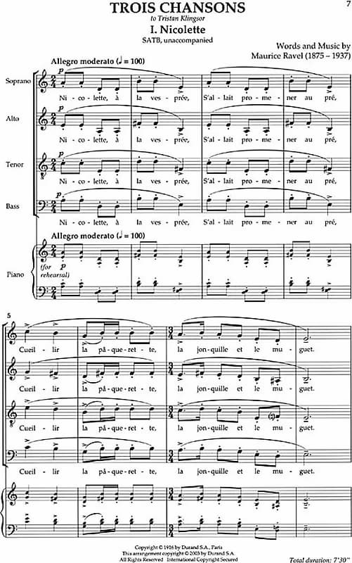 Maurice Ravel: Trois Chansons, “Nicolette” music score