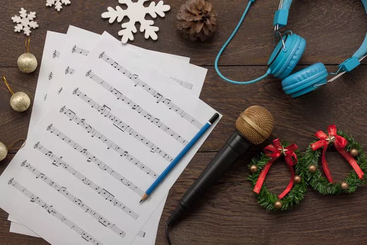 christmas decorations, headphone and music sheet on the table