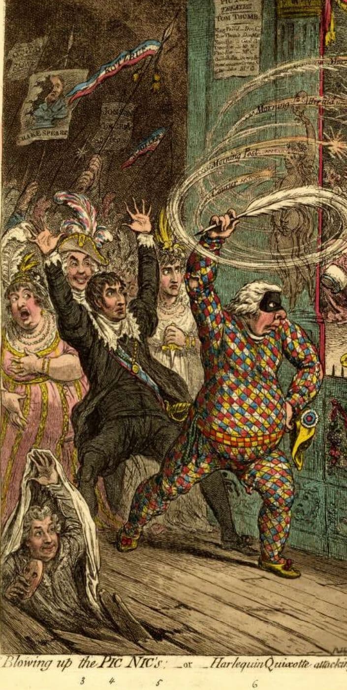 Gillray: Blowing up the Pic Nic's; -or- Harlequin Quixotte attacking the puppets. Vide Tottenham Street pantomime (detail), 2 April 1802 (British Museum)