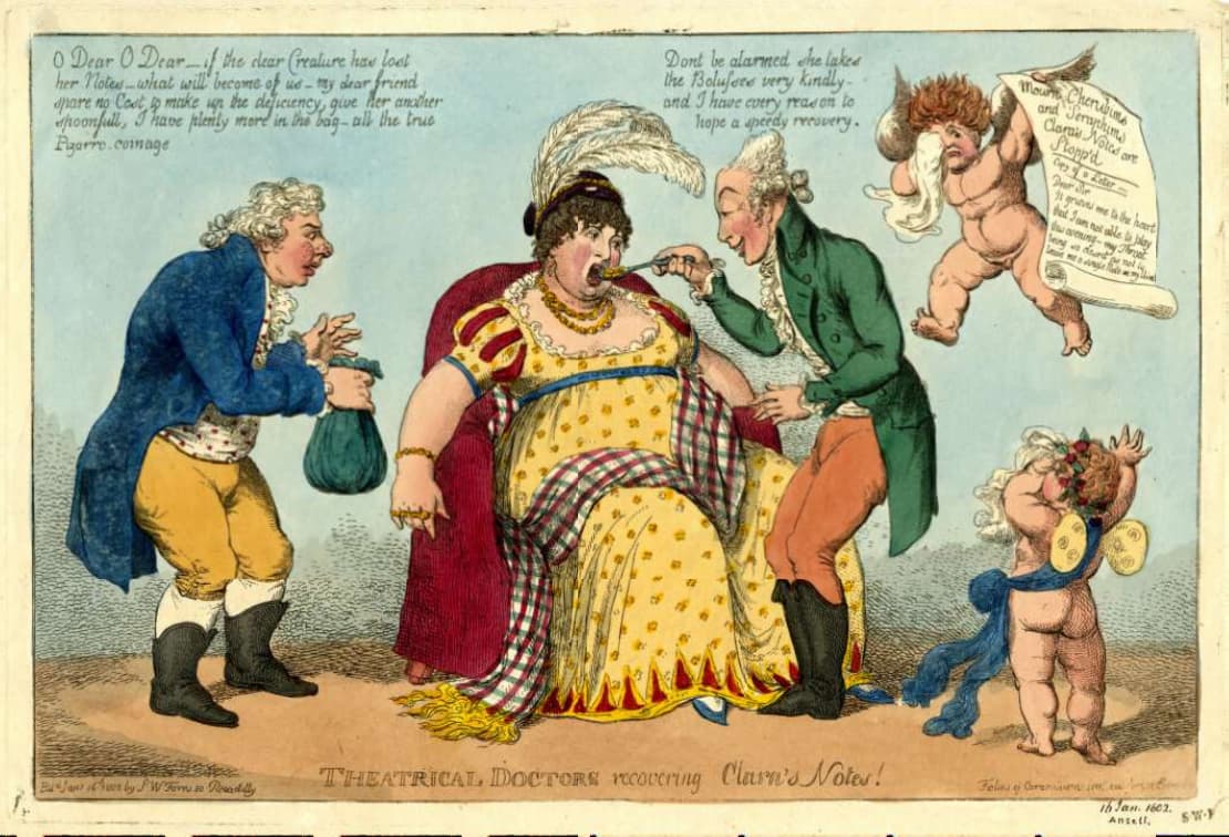 Gillray: Theatrical doctors recovering Clara's notes!, 16 January 1802