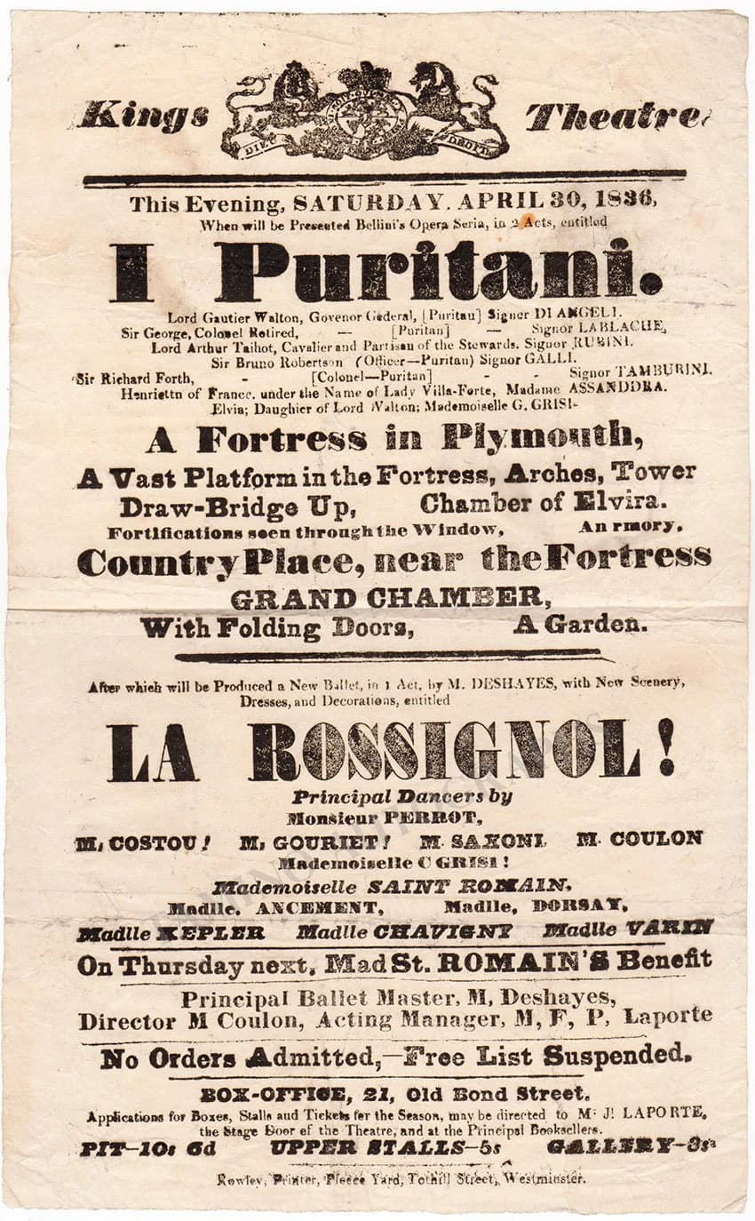 I Puritani playbill, 1836