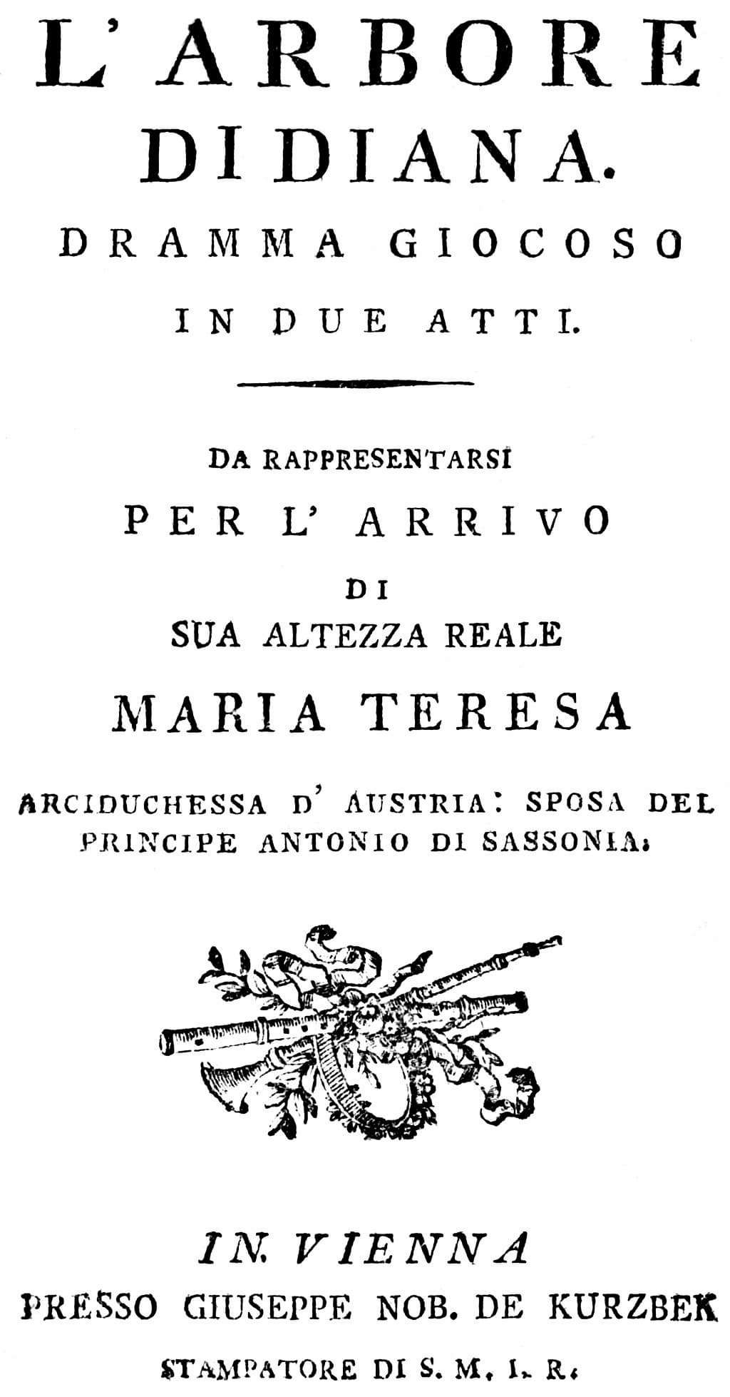 Martin y Soler’s opera The Tree of Diana, title page of the libretto