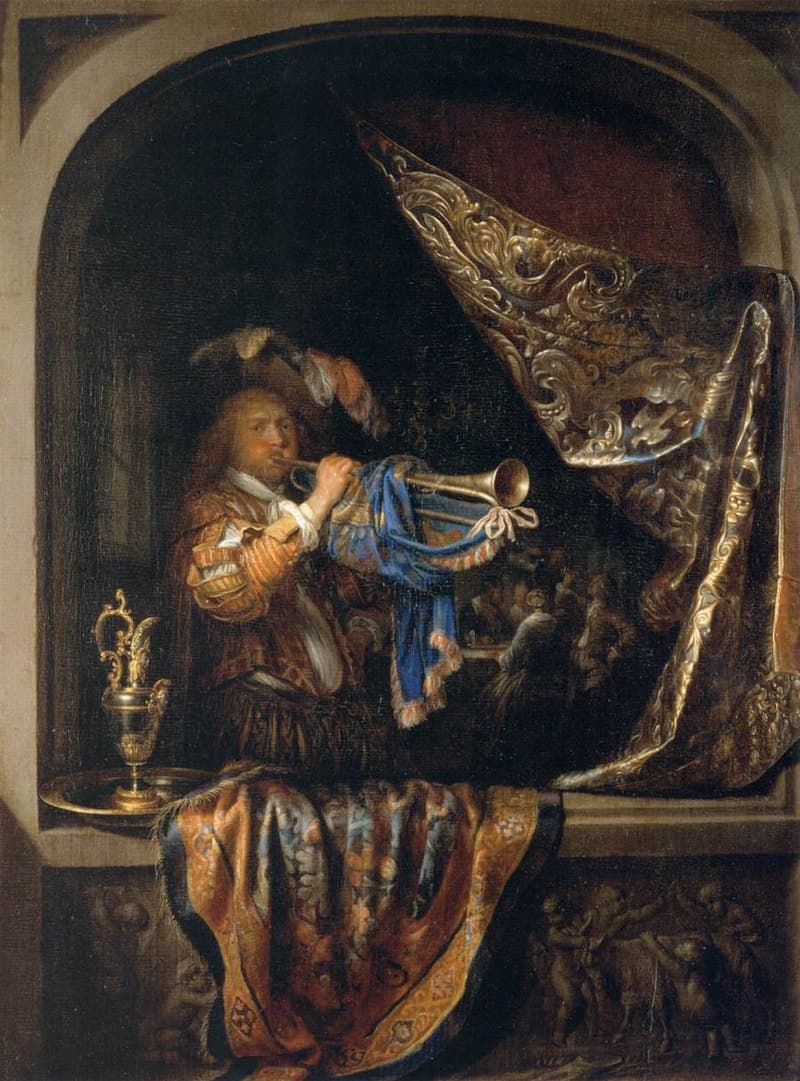 Gerrit Dou: Trumpet-Player in front of a Banquet, c. 1660–1665
