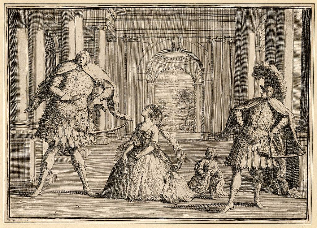Caricature of a performance of Handel's Flavio, featuring Berenstadt on the far right, the soprano Francesca Cuzzoni in the centre and Senesino on the left