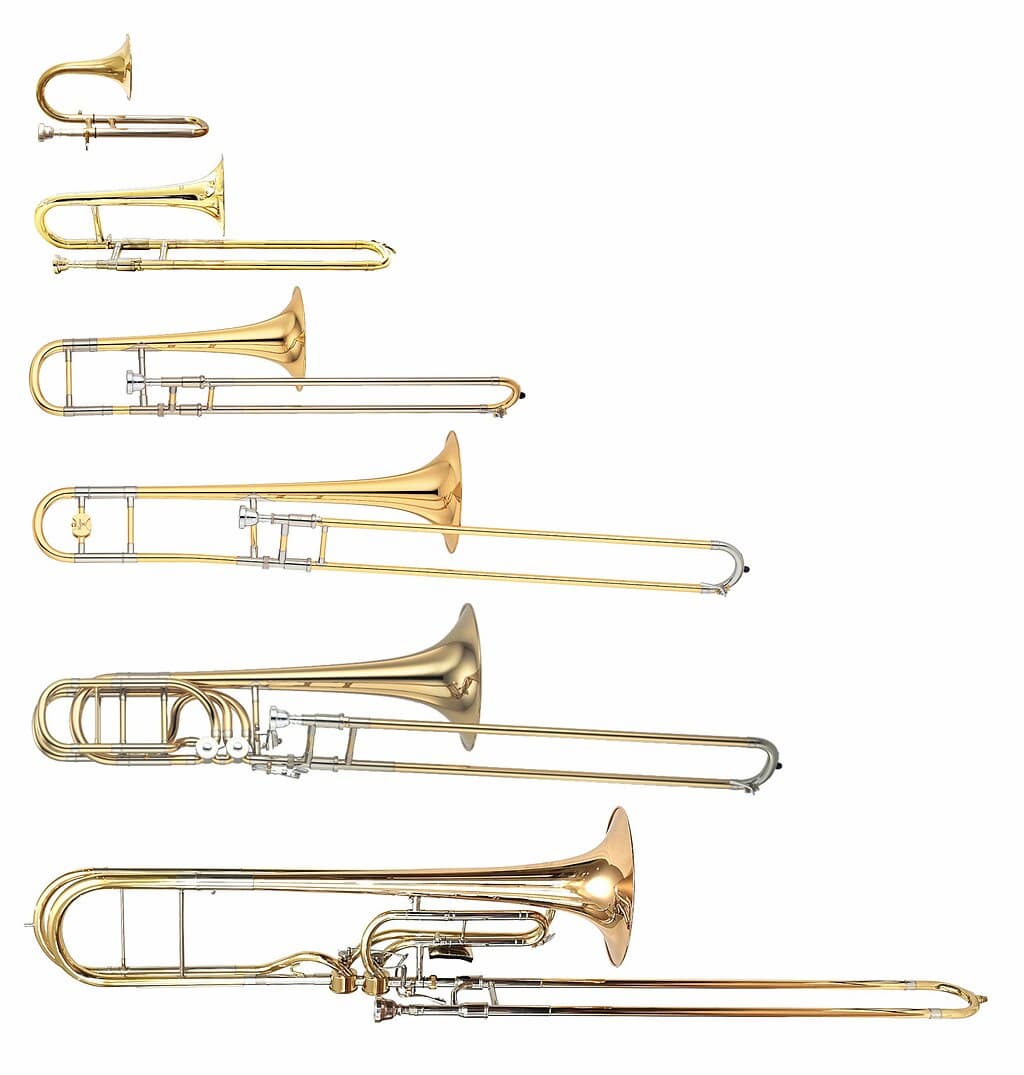 The Trombone family (from the top: piccolo, soprano, also, tenor, bass, and contrabass