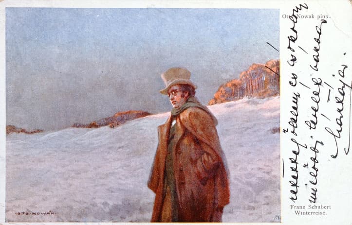Otto Robert Nowak: Postcard of Schubert in the snow, ca. 1910