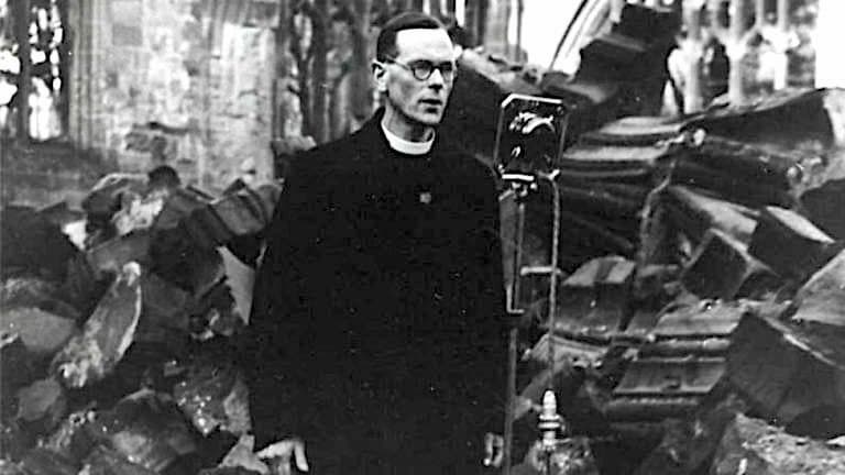 Provost Howard in the ruins of the Cathedral on Christmas Day, 1940