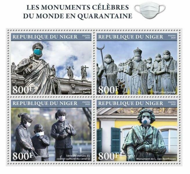 Stamps featuring classical composer statues with face masks